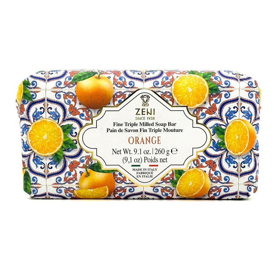 Zeni soap bar with decorative packaging featuring oranges on a white background