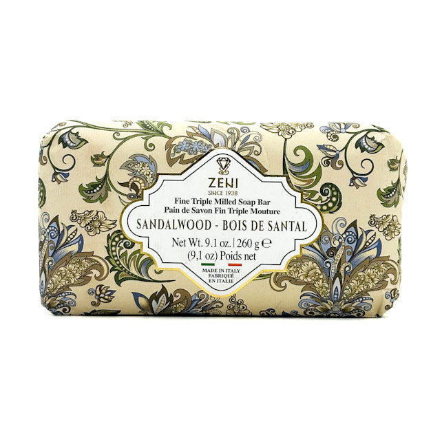 Zeni sandalwood soap bar with decorative packaging on a white background