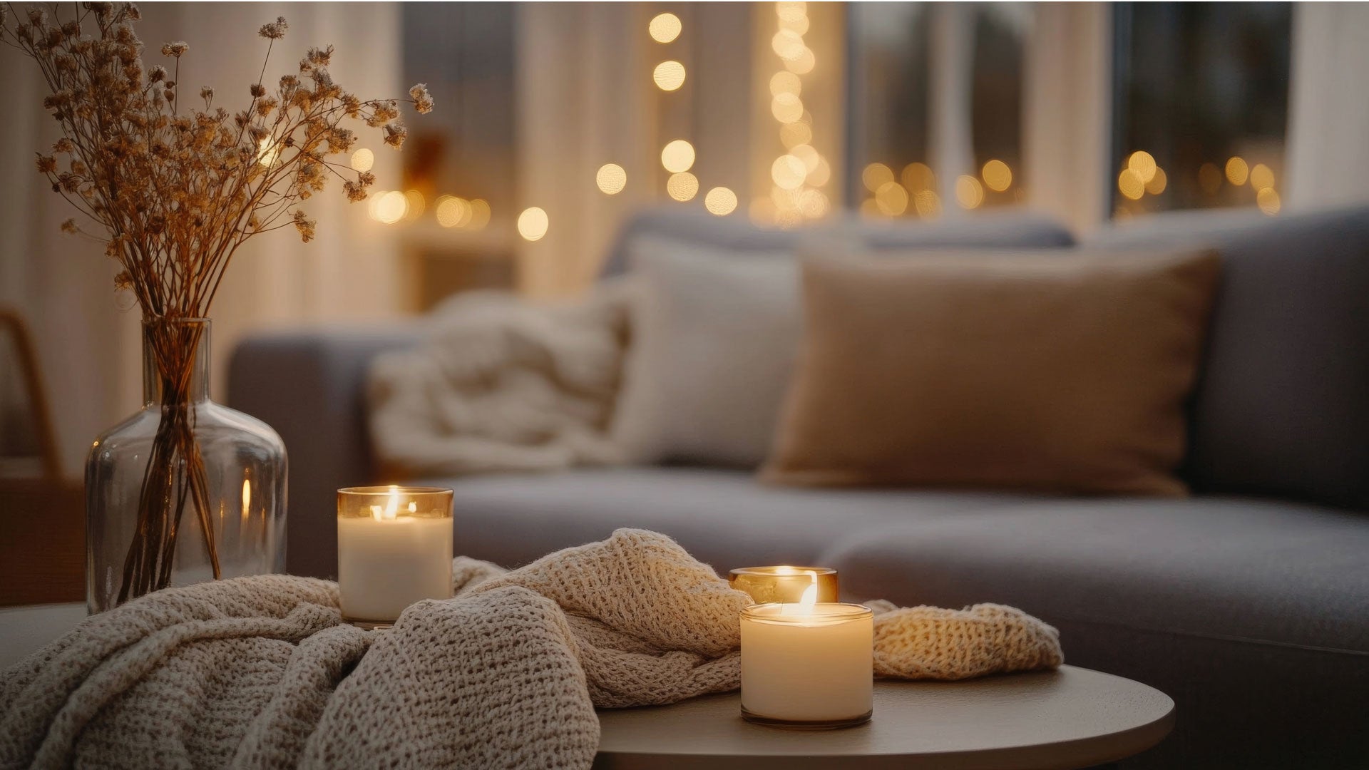 Autumn themed home decor with candles on table