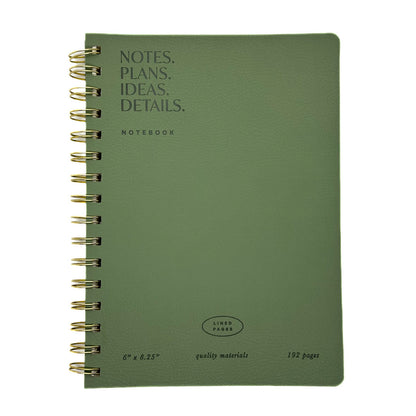Fringe Studio A5 green notebook with gold spiral binding on a white background