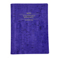 Purple notebook with text on a white background