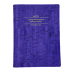 Purple notebook with text on a white background