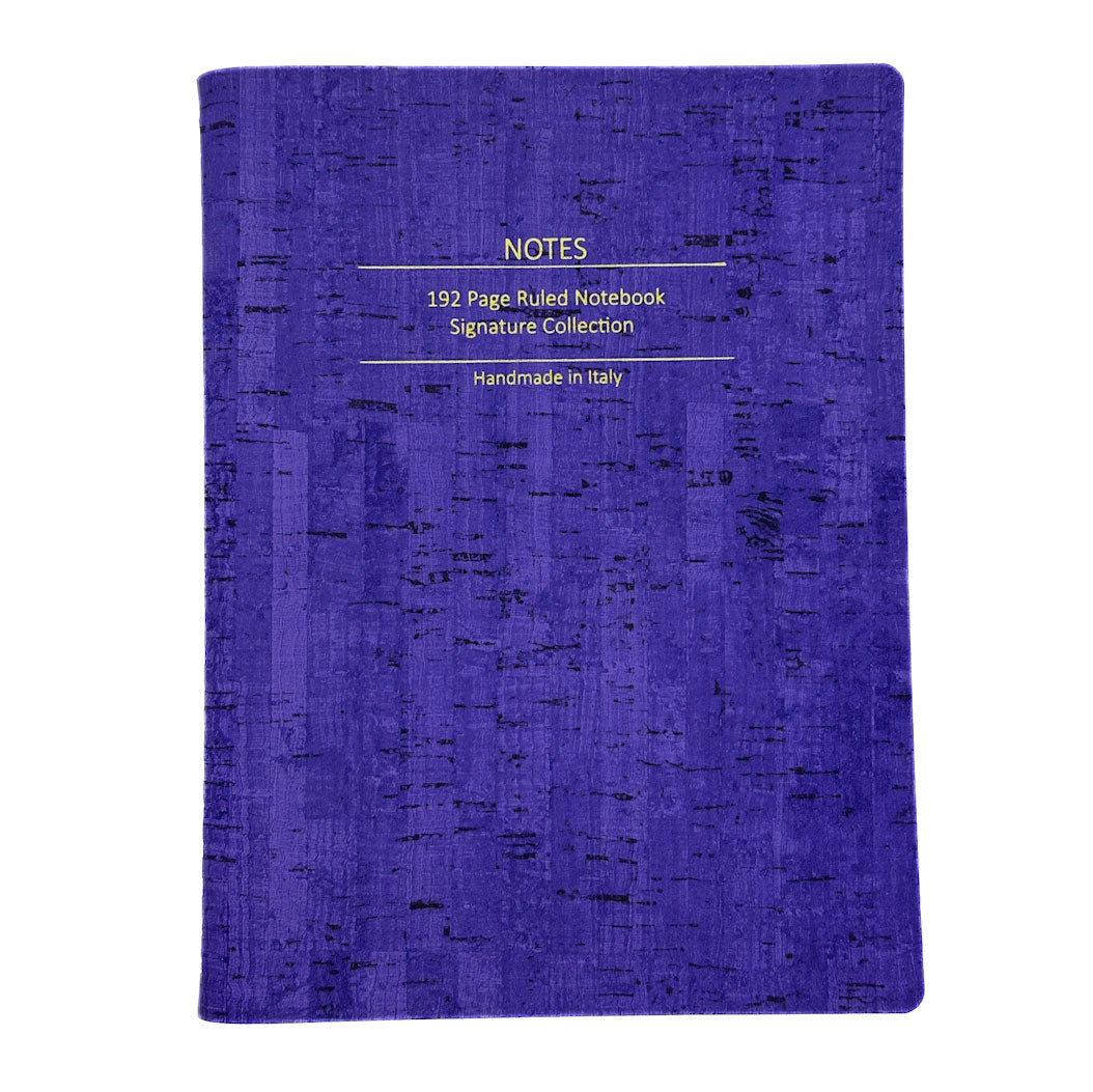 Purple notebook with text on a white background