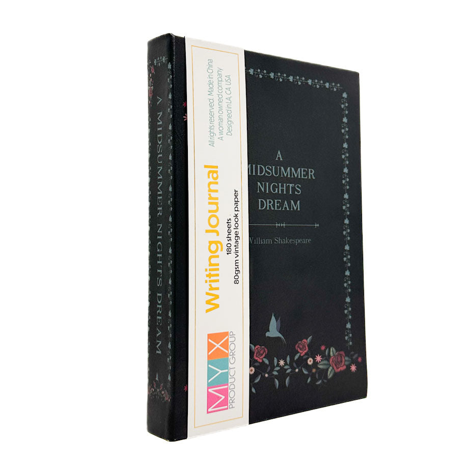Black writing journal with 'A Midsummer Night's Dream' text and MYX logo on a white background