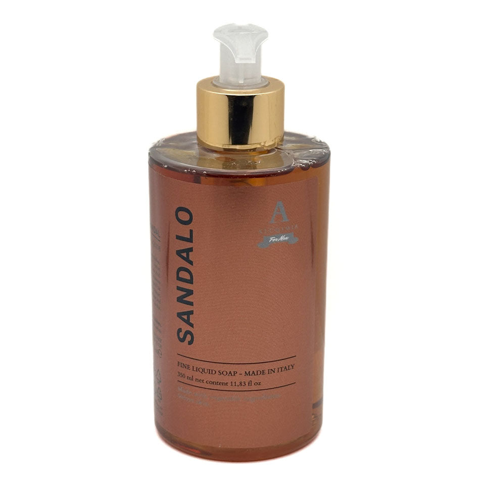 A bottle of Alchimia  Sandalo - Sandalwood Fine Liquid Soap, featuring a warm brown translucent bottle, a shiny gold pump collar, and a clear plastic dispenser cap, set against a plain white background.