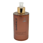 A bottle of Alchimia  Sandalo - Sandalwood Fine Liquid Soap, featuring a warm brown translucent bottle, a shiny gold pump collar, and a clear plastic dispenser cap, set against a plain white background.