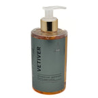 A bottle of Vetiver Fine Liquid Soap by Alchimia featuring a grey label, amber-coloured liquid, a gold pump collar, and a clear plastic pump dispenser, set against a plain white background.