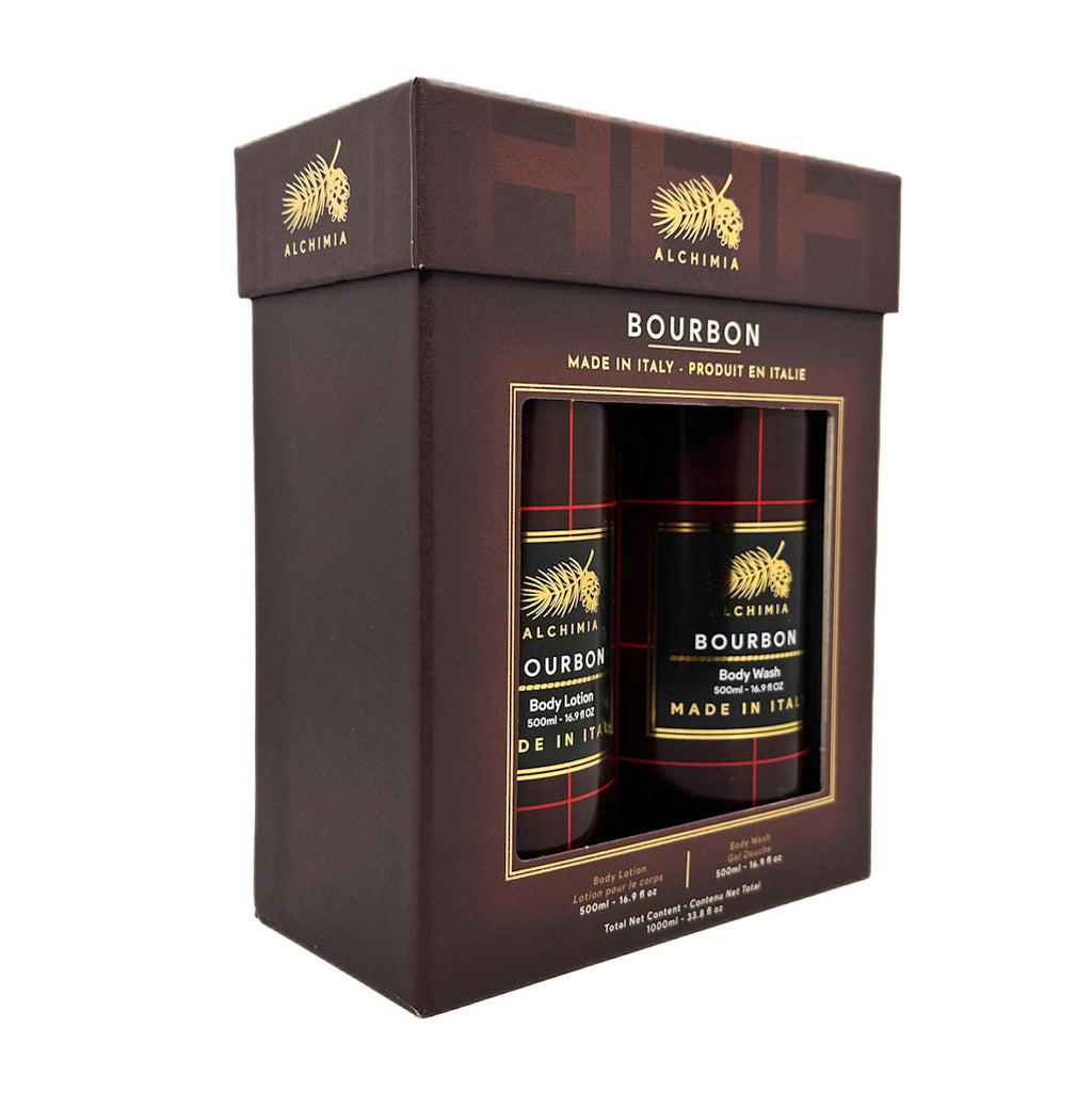 Alchimia Bourbon body lotion and body wash set in a decorative box on a white background