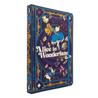Alice in Wonderland Journal with a dark purple cover featuring classic illustrations of Alice, the White Rabbit, and the Mad Hatter, framed by ornate gold borders. The book is shown at a three-quarter angle on a clean white background.