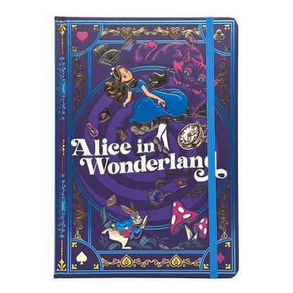 A hardcover journal featuring an illustrated cover design from Alice in Wonderland, with Alice floating, the White Rabbit, a red mushroom, and ornate gold decorative borders on a purple background. A blue elastic closure band is visible on the right side.