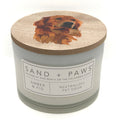 A jar candle with a light grey body and a round wooden lid featuring an illustrated golden retriever. The front label reads 'SAND + PAWS' and 'AMBER & FIG'.