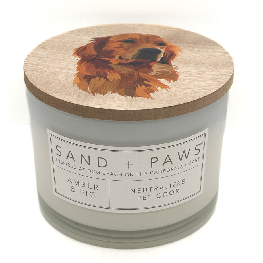 A jar candle with a light grey body and a round wooden lid featuring an illustrated golden retriever. The front label reads 'SAND + PAWS' and 'AMBER & FIG'.