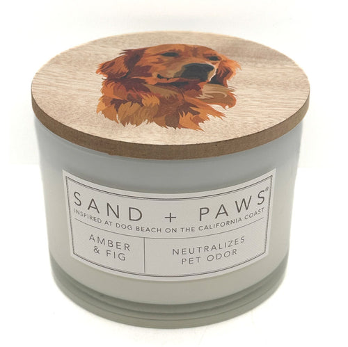 A jar candle with a light grey body and a round wooden lid featuring an illustrated golden retriever. The front label reads 'SAND + PAWS' and 'AMBER & FIG'.