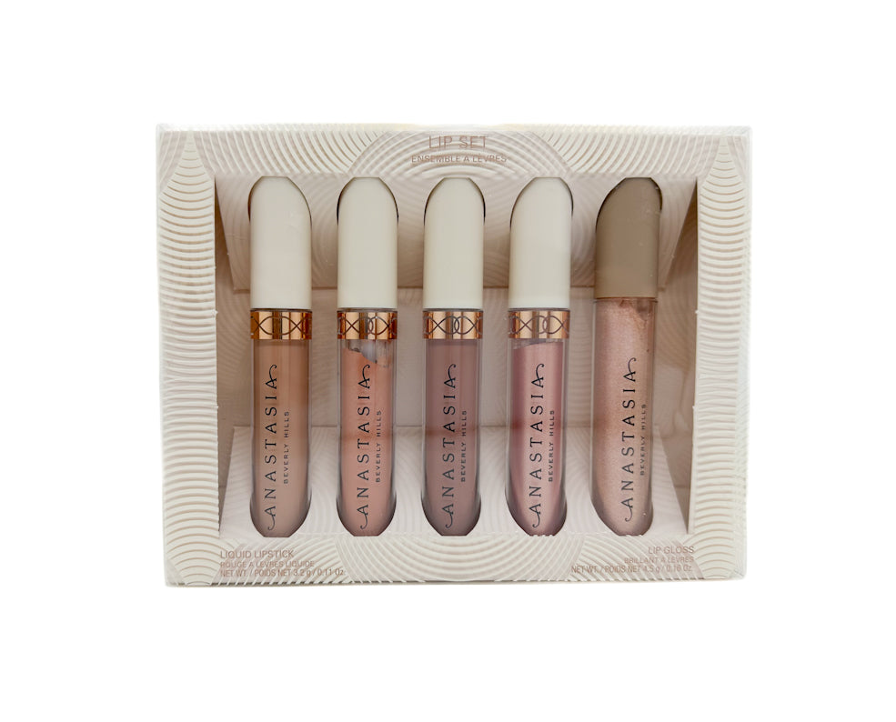 A set of five Anastasia Beverly Hills lip products, featuring liquid lipstick and lip gloss in nude shades, packaged in a white box with the brand's logo.