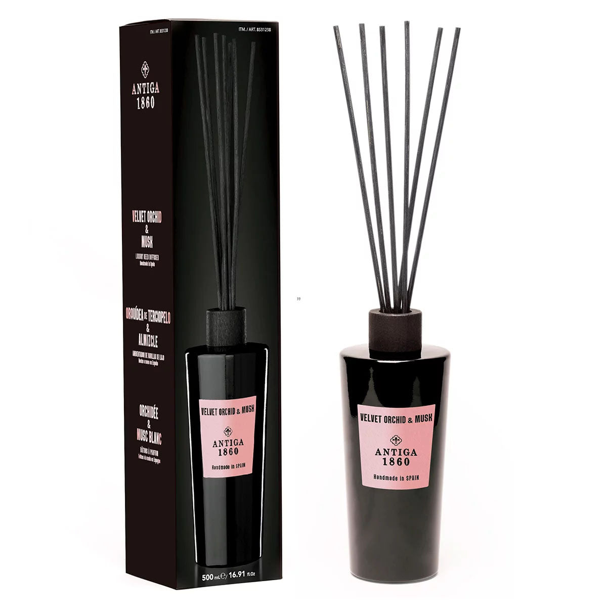 Antiga 1860 Velvet Orchid & Rose reed diffuser shown with its black packaging box and the diffuser bottle with reeds on a white background.
