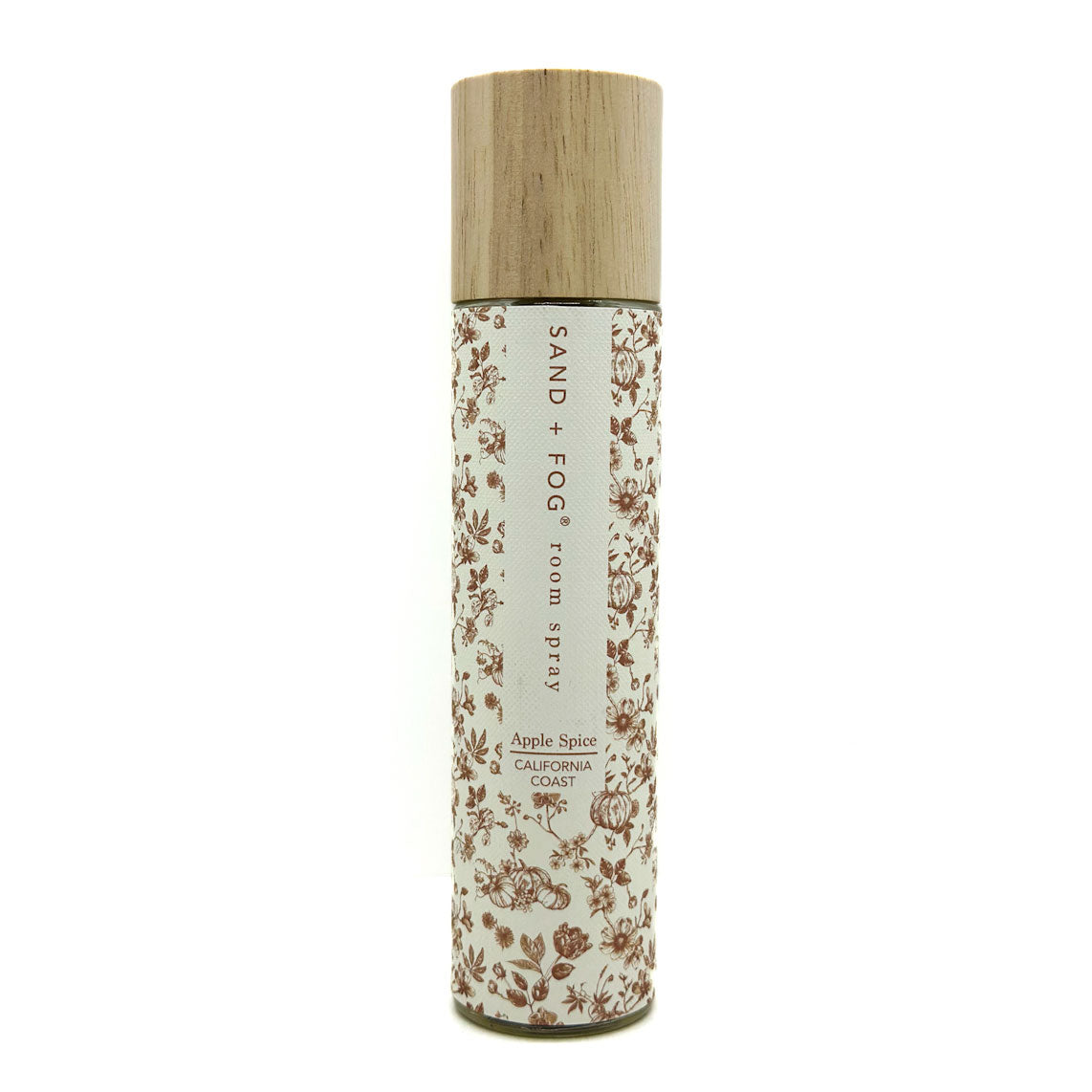 Apple Spice Room spray bottle with floral design and wooden cap on a white background