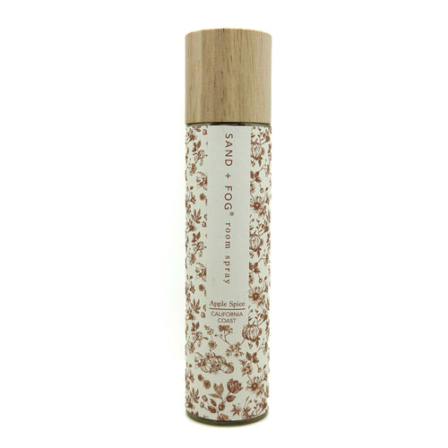 Apple Spice Room spray bottle with floral design and wooden cap on a white background