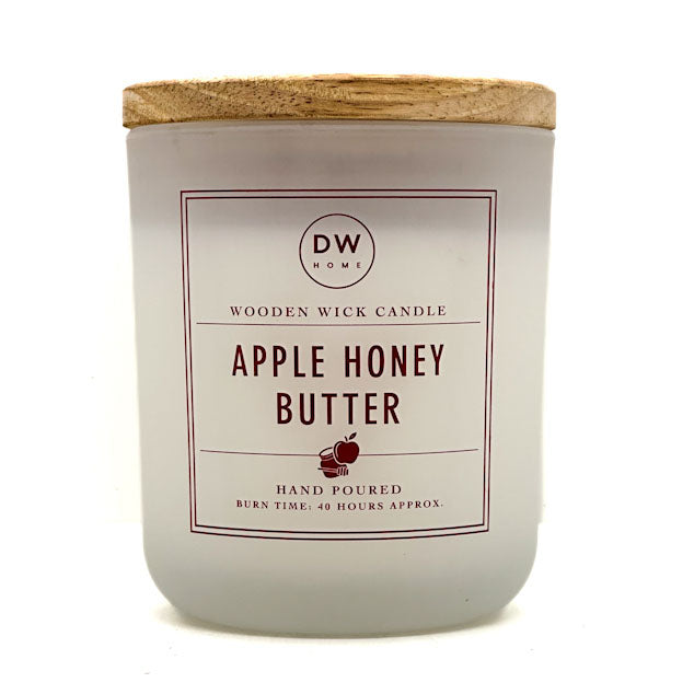 Apple Honey Butter Candle with wooden wick and 'DW Home' label on a white background