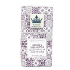 Packaging of Argan & Shea Butter soap with decorative patterns and 'Made in Portugal' text.