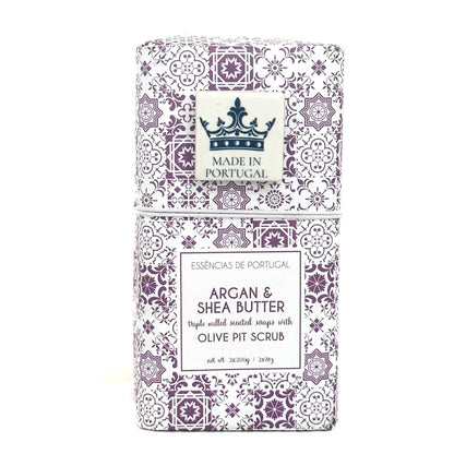 Packaging of Argan & Shea Butter soap with decorative patterns and 'Made in Portugal' text.
