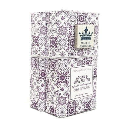 Pack of two Argan & Shea Butter Soap with Olive Pit Scrub by Essencias De Portugal with floral packaging and text on a white background