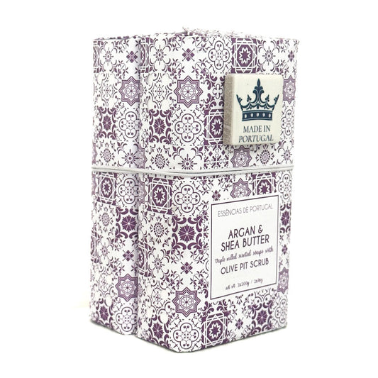 Pack of two Argan & Shea Butter Soap with Olive Pit Scrub by Essencias De Portugal with floral packaging and text on a white background