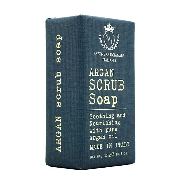 Saponificio Varesino Argan Scrub Soap with white text on a white background