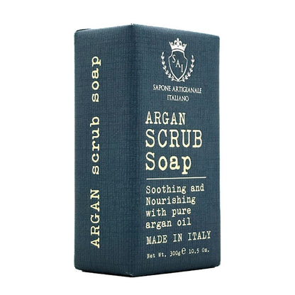 Saponificio Varesino Argan Scrub Soap with white text on a white background