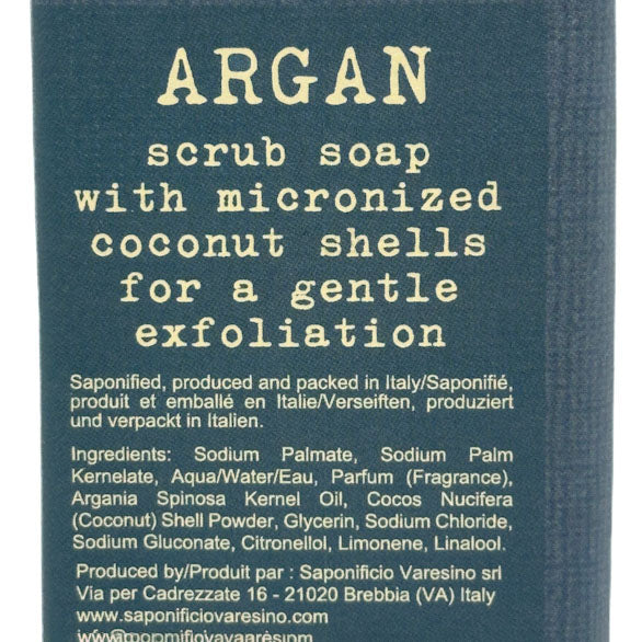 Product label for argan scrub soap with micronized coconut shells on a blue background