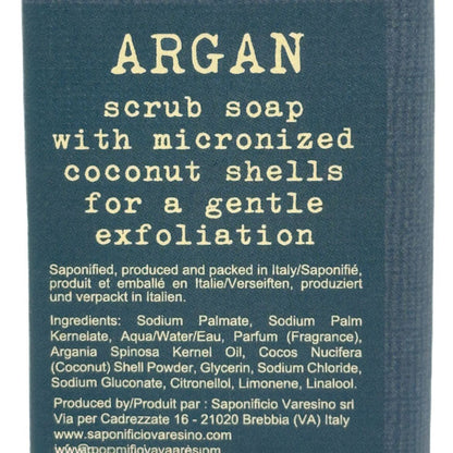 Product label for argan scrub soap with micronized coconut shells on a blue background