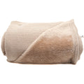 A folded beige blanket with a ribbed knit texture on one side and a plush faux-fur fleece lining on the other, shown on a plain white background.