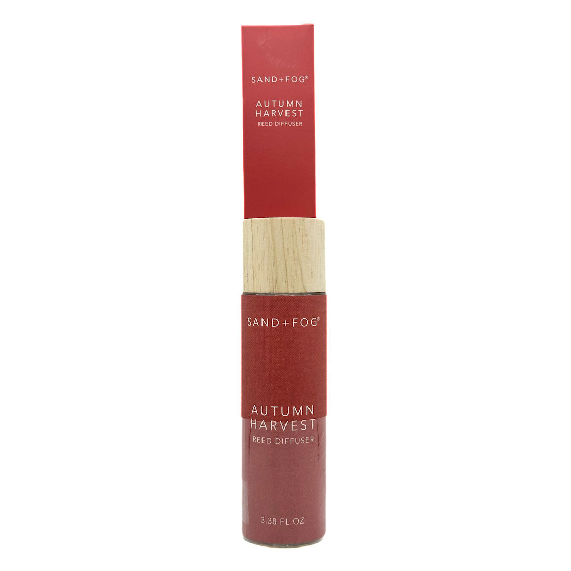 SAND + FOG Autumn Harvest Red diffuser bottle with wooden cap on a white background