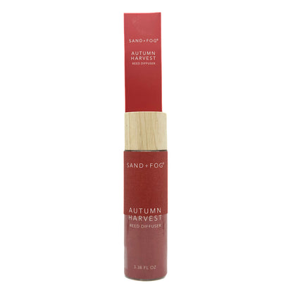 SAND + FOG Autumn Harvest Red diffuser bottle with wooden cap on a white background