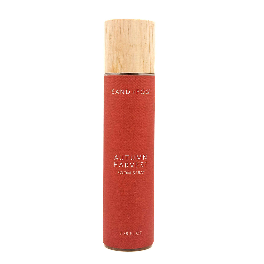 Autumn Harvest ed room spray bottle with wooden cap on a white background