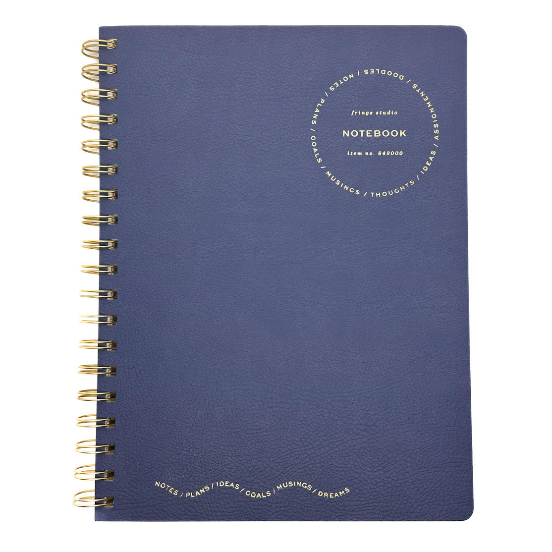 Fringe Studio - Blue notebook with gold spiral binding on a white background