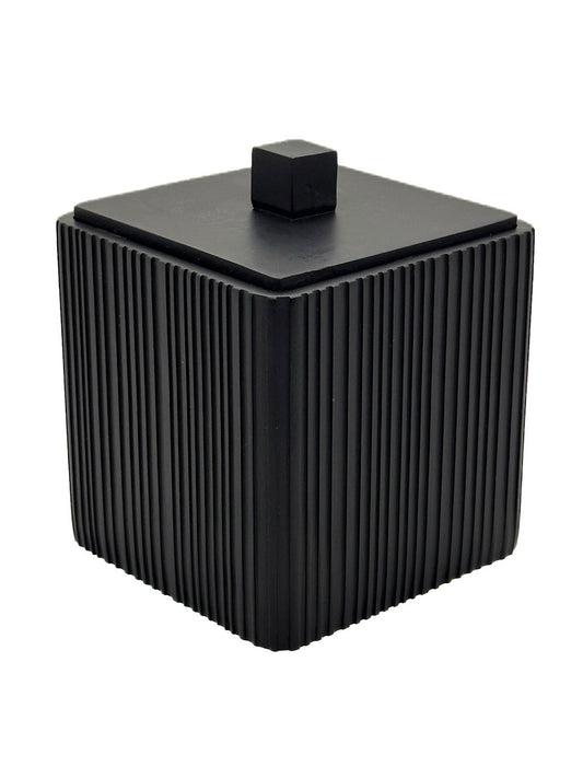 Black textured cube-shaped container with a square lid on a white background