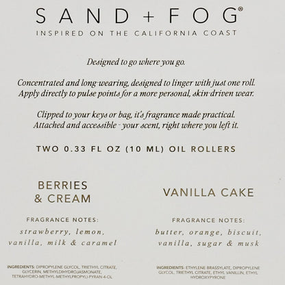 Front packaging panel for Sand + Fog oil rollers, showing product text on a light warm gray background. The top reads SAND + FOG with the California Coast mark, followed by descriptive copy.