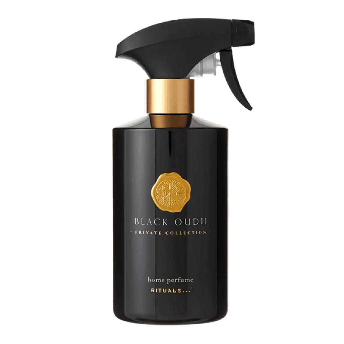 RITUALS black Oudh home perfume bottle with gold cap on a white background