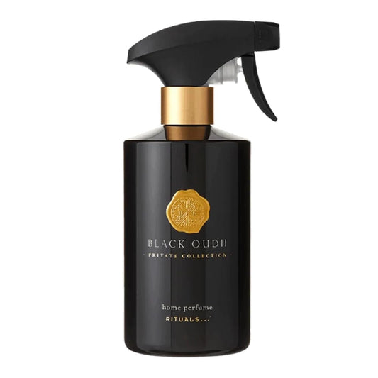 RITUALS black Oudh home perfume bottle with gold cap on a white background