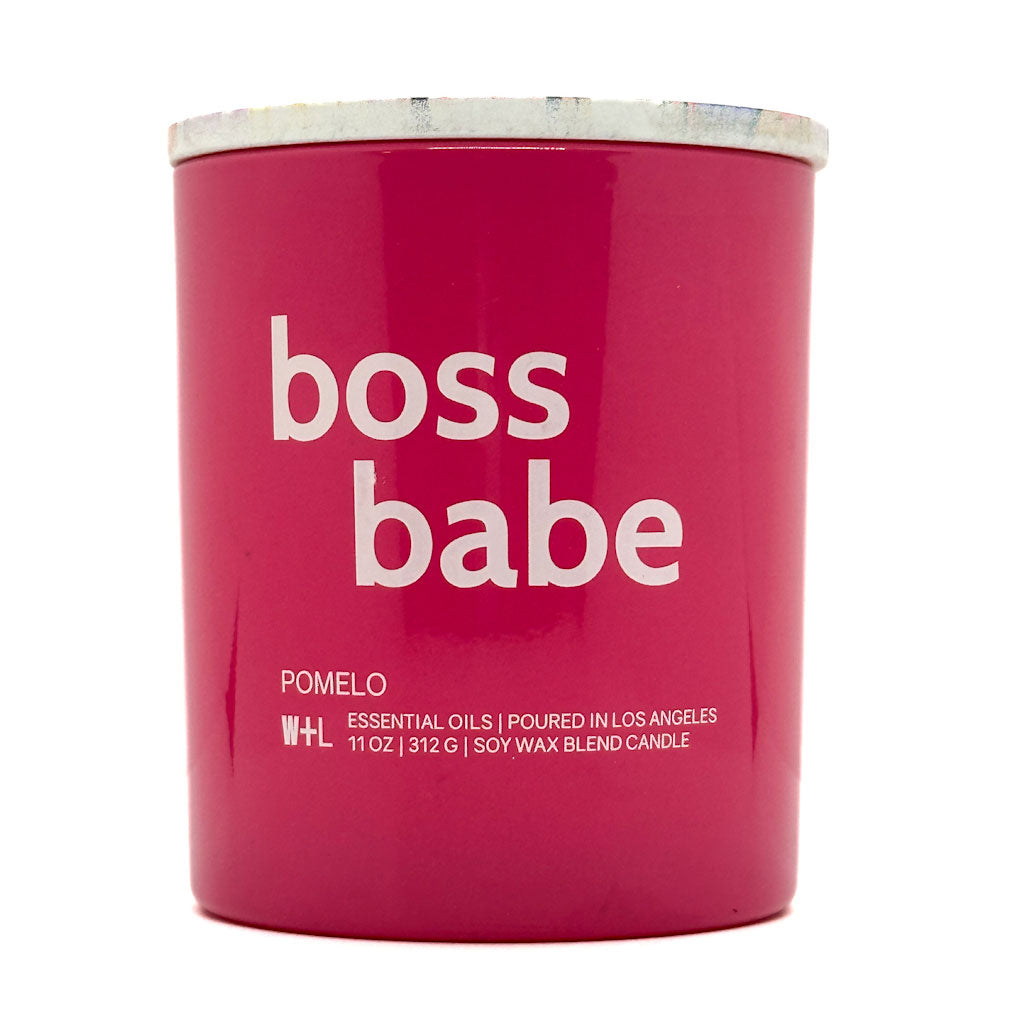 W+L Pomelo pink candle with 'boss babe' text on a white background