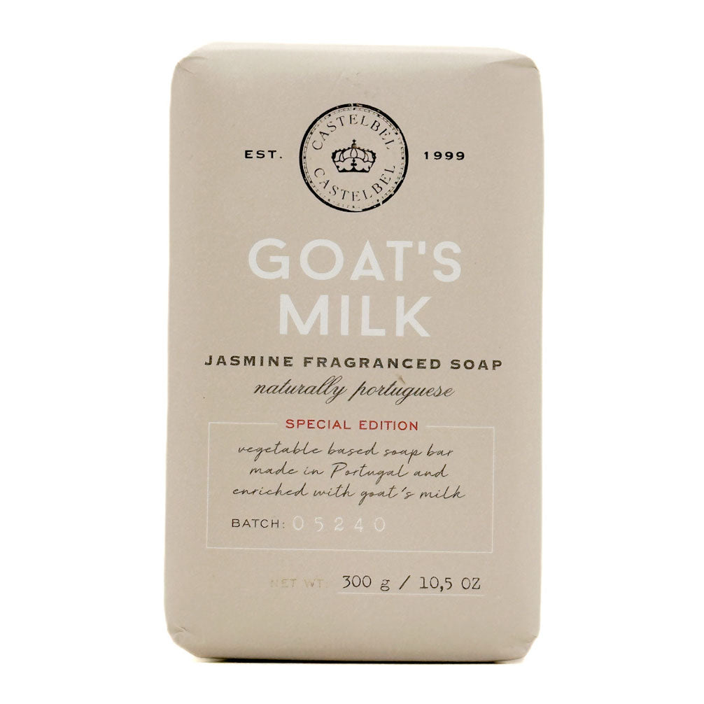 Castel 'Goat's Milk' Jasmine Fragrance Soap bar in a textured beige paper sleeve packaging, shown against a plain white background.
