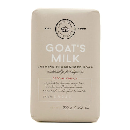 Castel 'Goat's Milk' Jasmine Fragrance Soap bar in a textured beige paper sleeve packaging, shown against a plain white background.