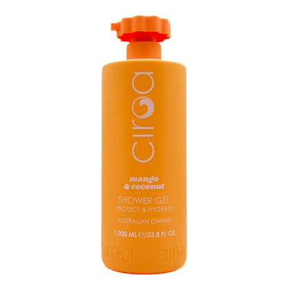 Orange bottle of Circoa mango & coconut shower gel on a white background