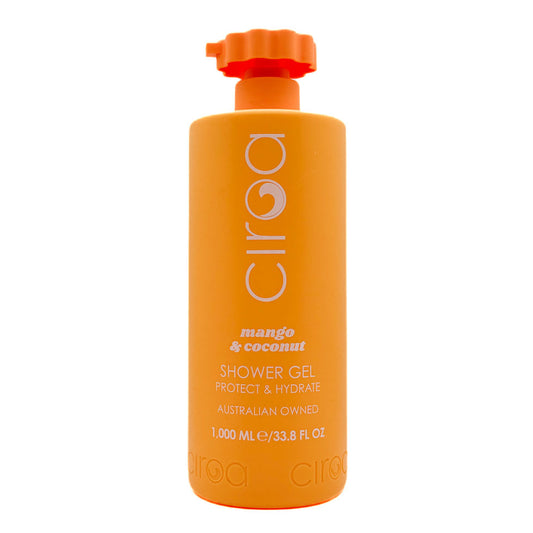 Orange bottle of Circoa mango & coconut shower gel on a white background