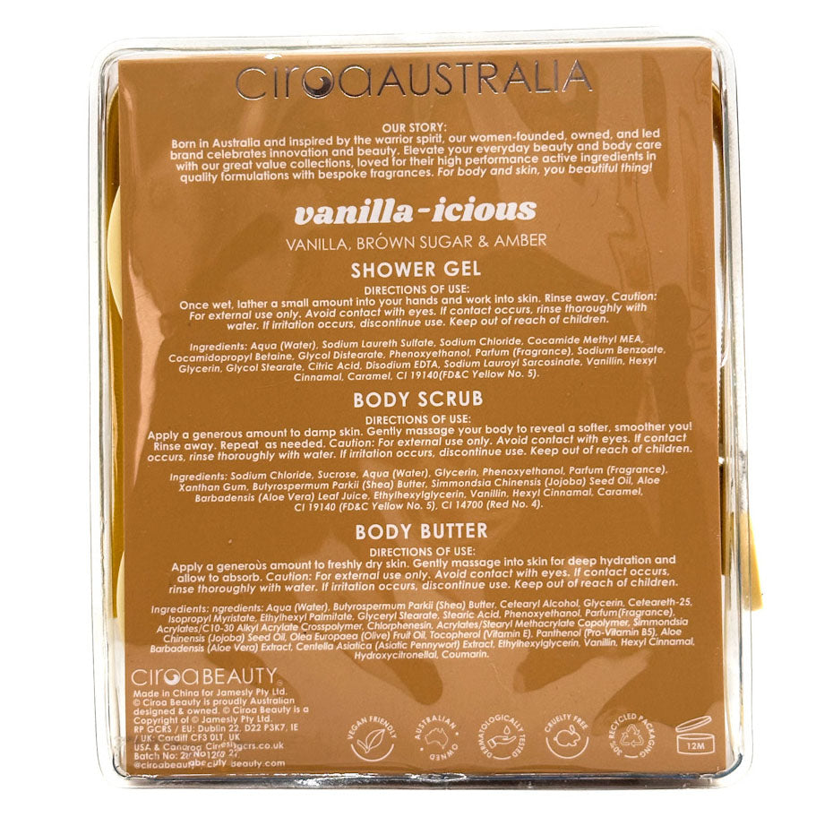 Citro Beauty 'vanilla-icious' Shower Gel, Body Scrub, and Body Butter set in a clear plastic clamshell package with a brown kraft paper insert, photographed against a white background.