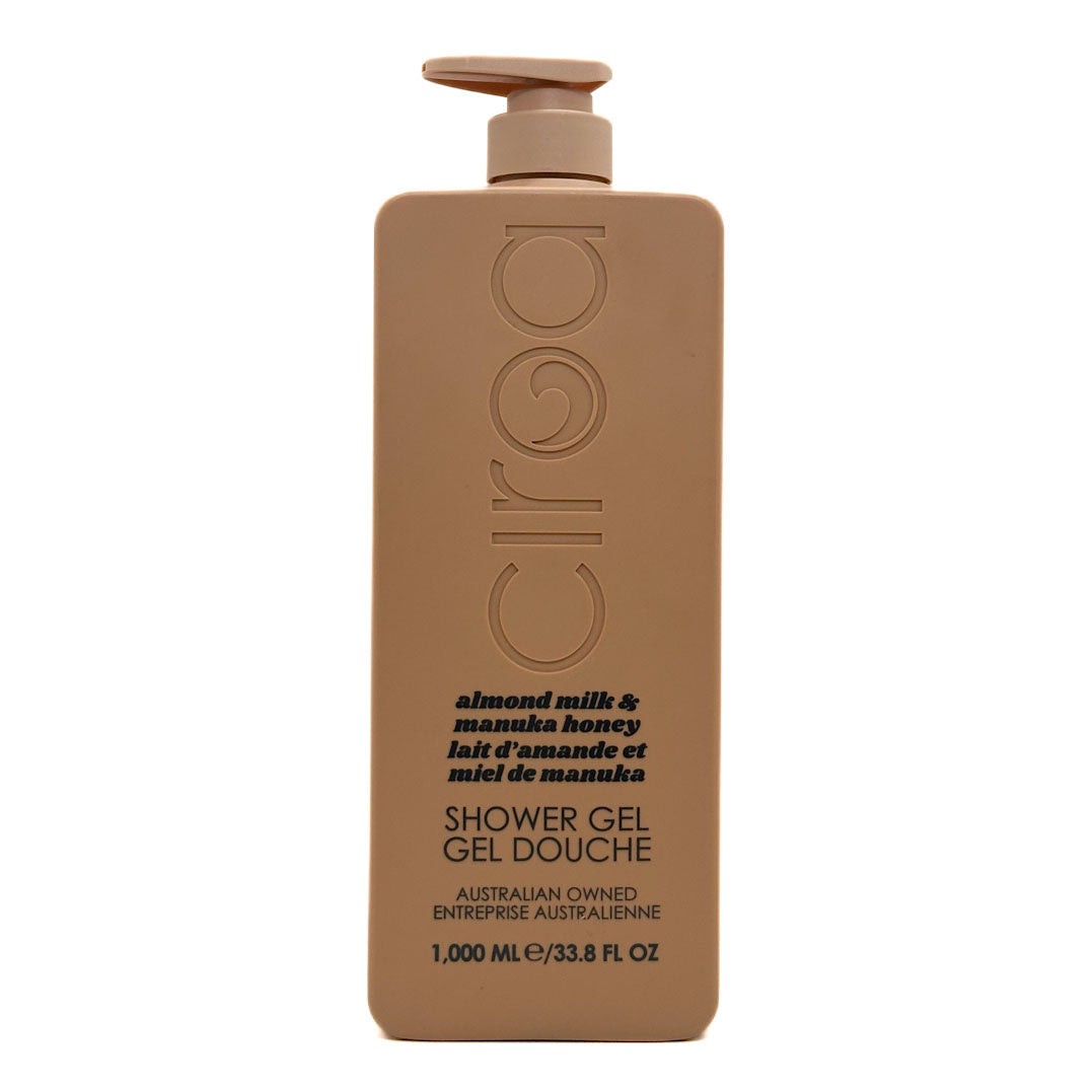 CIROA Almond Milk & Manuka Honey brown shower gel bottle with pump on a white background