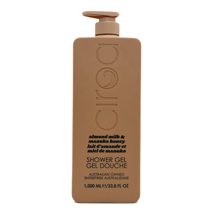 CIROA Almond Milk & Manuka Honey brown shower gel bottle with pump on a white background