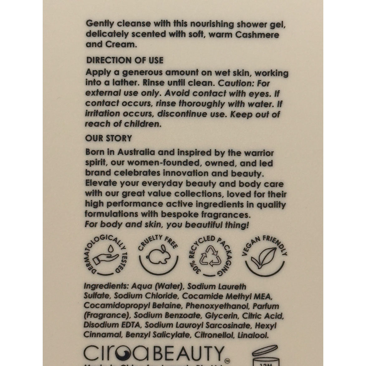 The back of a Ciroa Beauty shower gel bottle showing product information, directions, ingredients, and logos on a beige background.