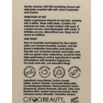 The back of a Ciroa Beauty shower gel bottle showing product information, directions, ingredients, and logos on a beige background.