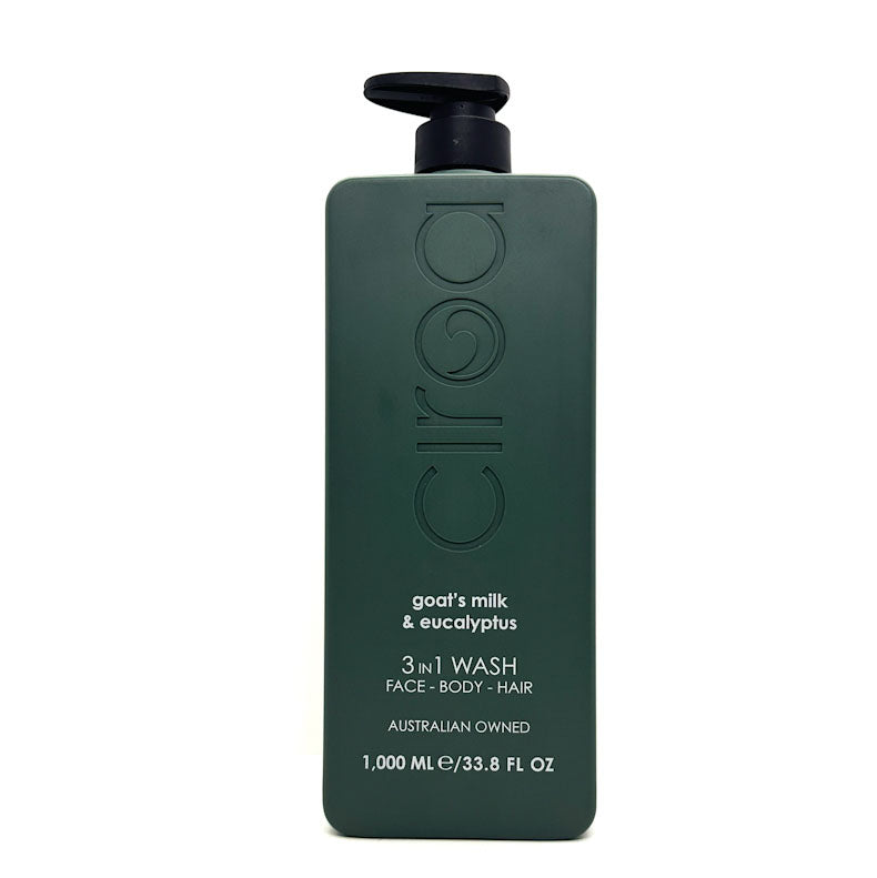 A 1000 ml bottle of Ciroa Goat's Milk & Eucalyptus 3 in 1 Wash, featuring a matte dark green rectangular bottle with a black pump dispenser, set against a plain white background.
